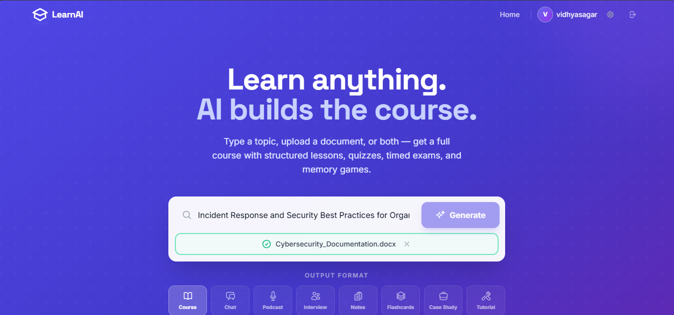 LearnAI landing page with a topic typed in, a DOCX attached, and eight output formats below