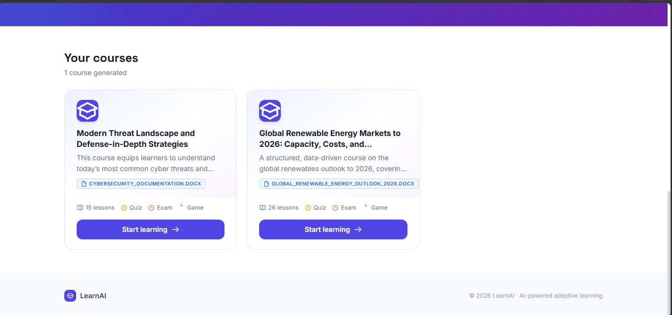 Course library showing two generated courses, each tagged with its source document and lesson count