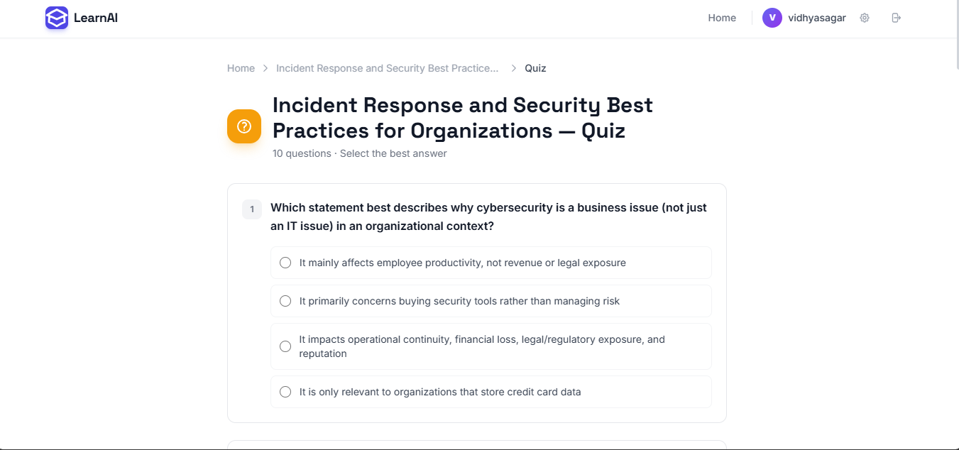 Quiz page showing a multiple-choice question with four options