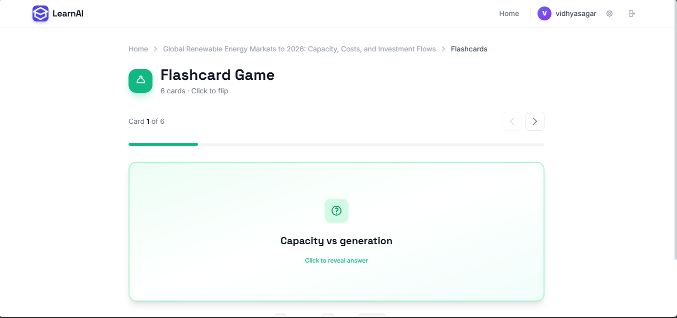 Flashcard game showing card one of six, front side, with a progress bar